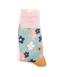 Miss Sparrow Damen Bambussocken – Blumen Motiv – Blau – Größe 36-41 Miss Sparrow Damen Bambussocken – Blumen Motiv – Blau – Größe 36-41