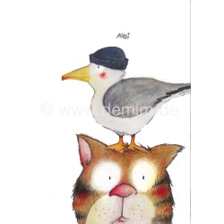 Postkarte Miriam Kramer Katze mit Möwe Ahoi