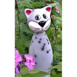 Gartenstecker Keramik-Katze grau