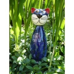 Gartenstecker Keramik-Katze blau mit Effekten